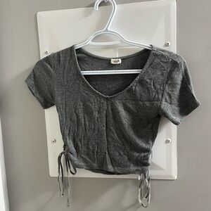 Garage Gray Fitted Crop T-Shirt with Tie Front and Short Sleeves
